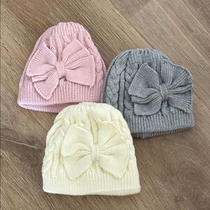 Baby Girl Cable Knit Beanie with Bow (Set of 3)